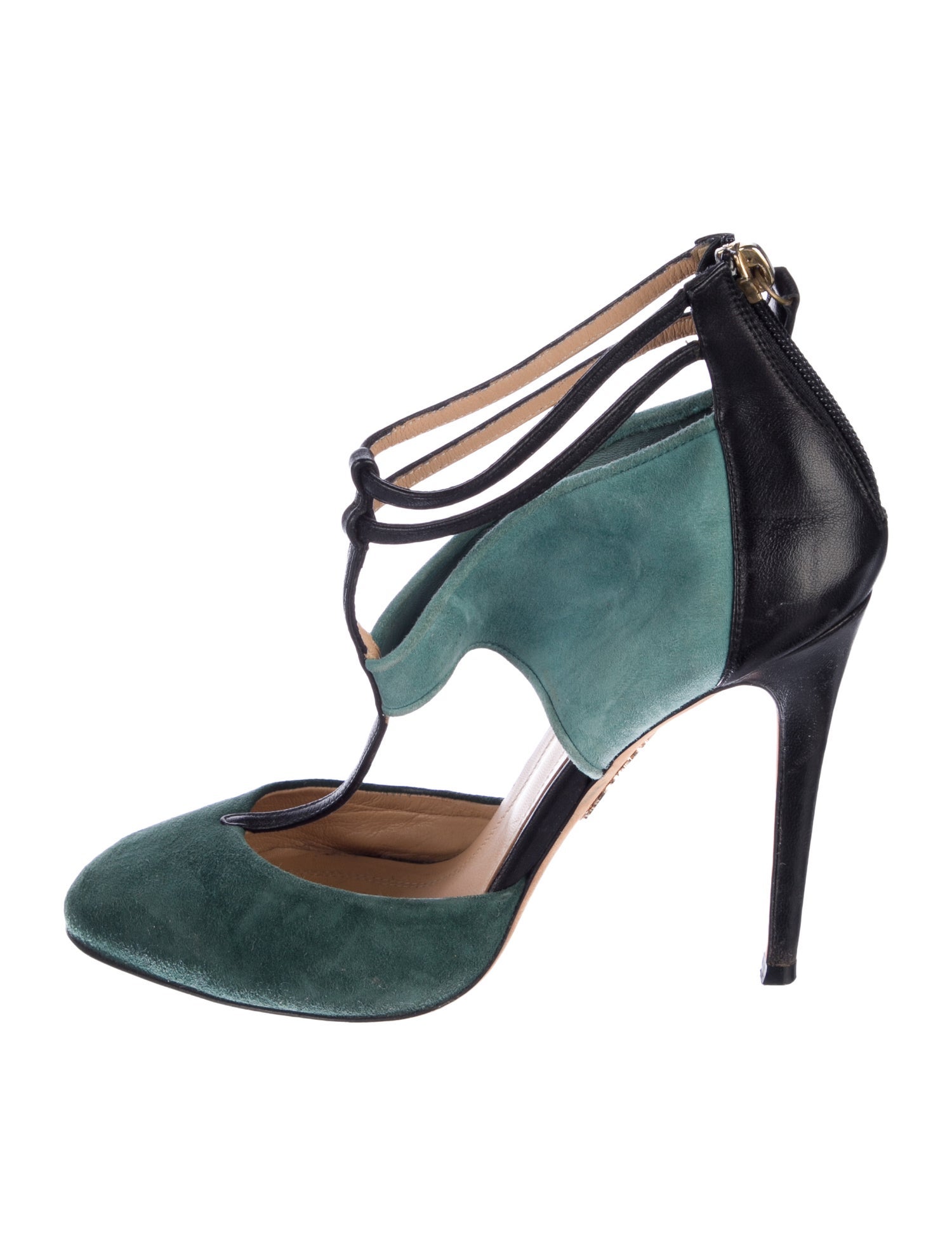 Aquazzura Suede Colorblock Pattern T-Strap Pumps