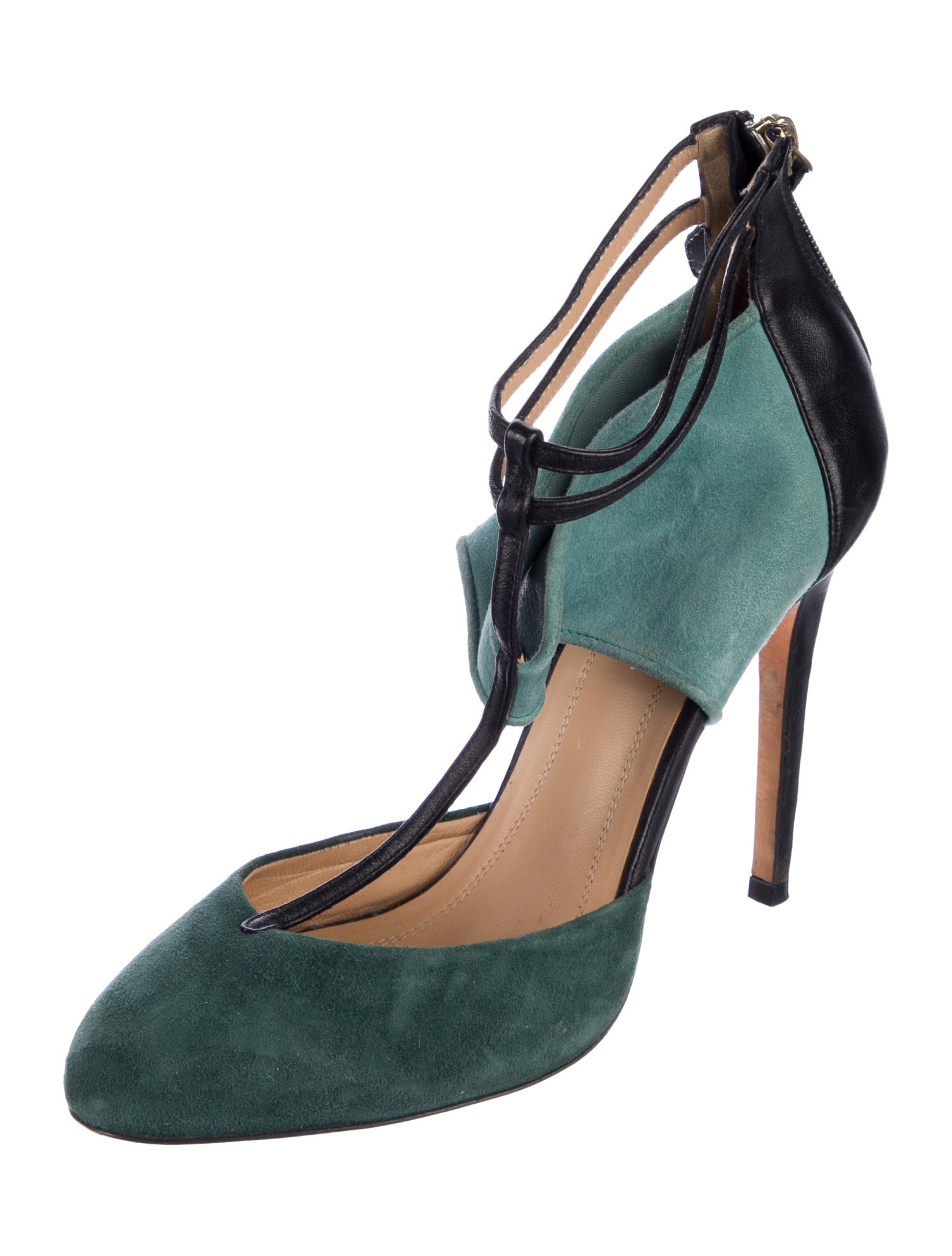 Aquazzura Suede Colorblock Pattern T-Strap Pumps