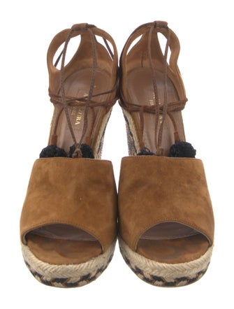 Aquazzura Suede Pom-Pom Embellishments T-Strap Pumps