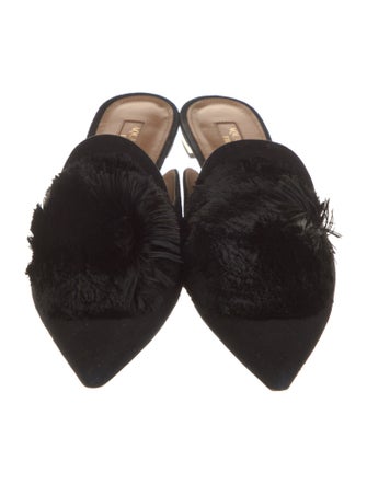 Aquazzura Suede Pom-Pom Embellishments Mules