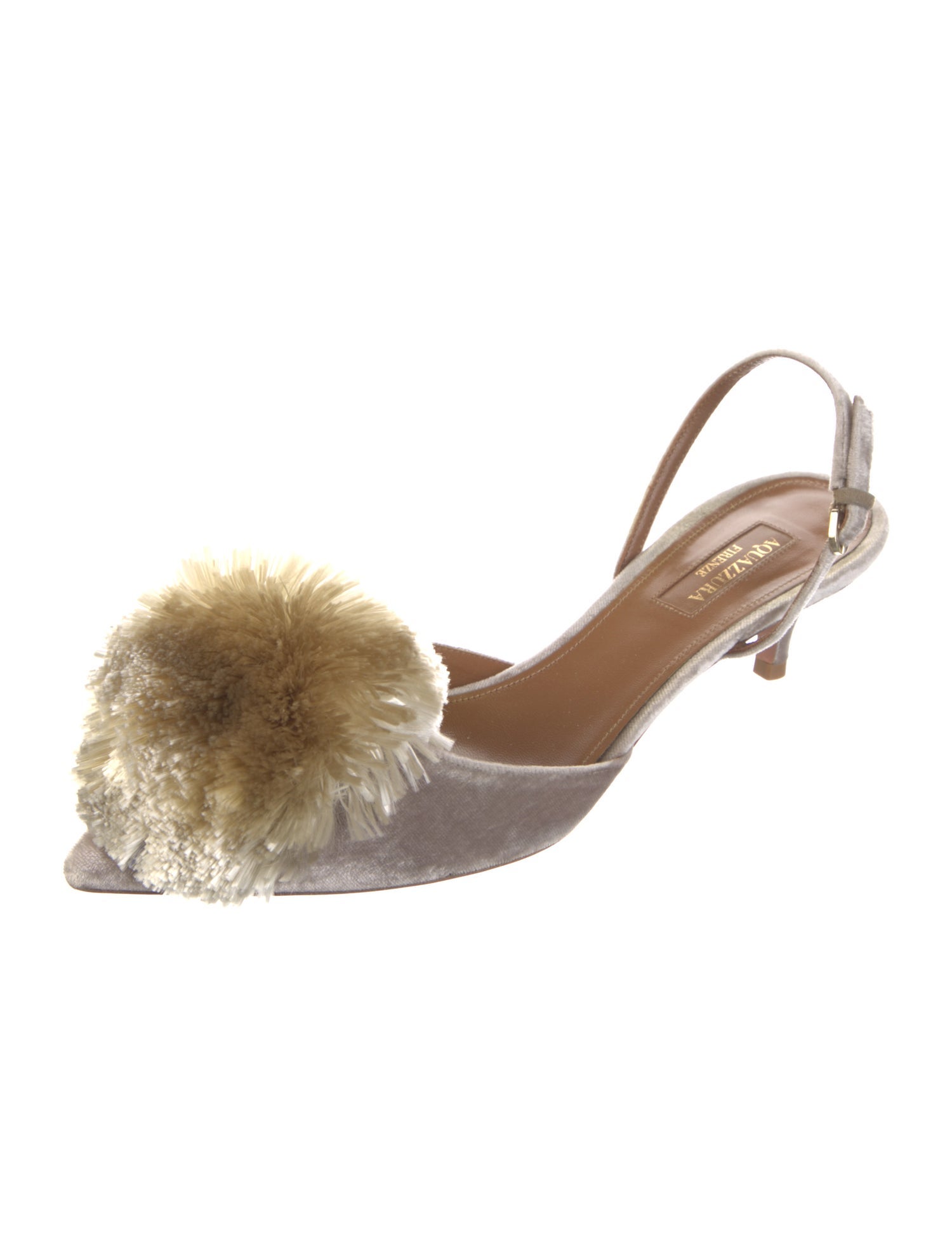 Aquazzura Velvet Pom-Pom Embellishments Slingback Pumps