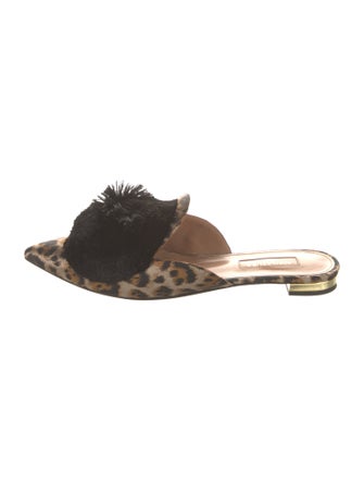Aquazzura Animal Print Pom-Pom Embellishments Mules