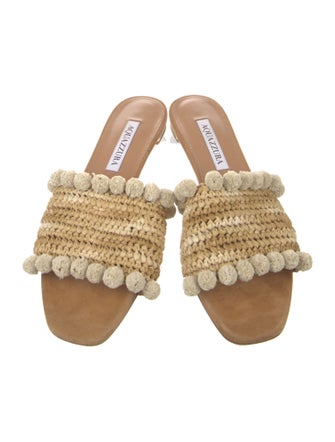 Aquazzura Straw Pom-Pom Embellishments Slides