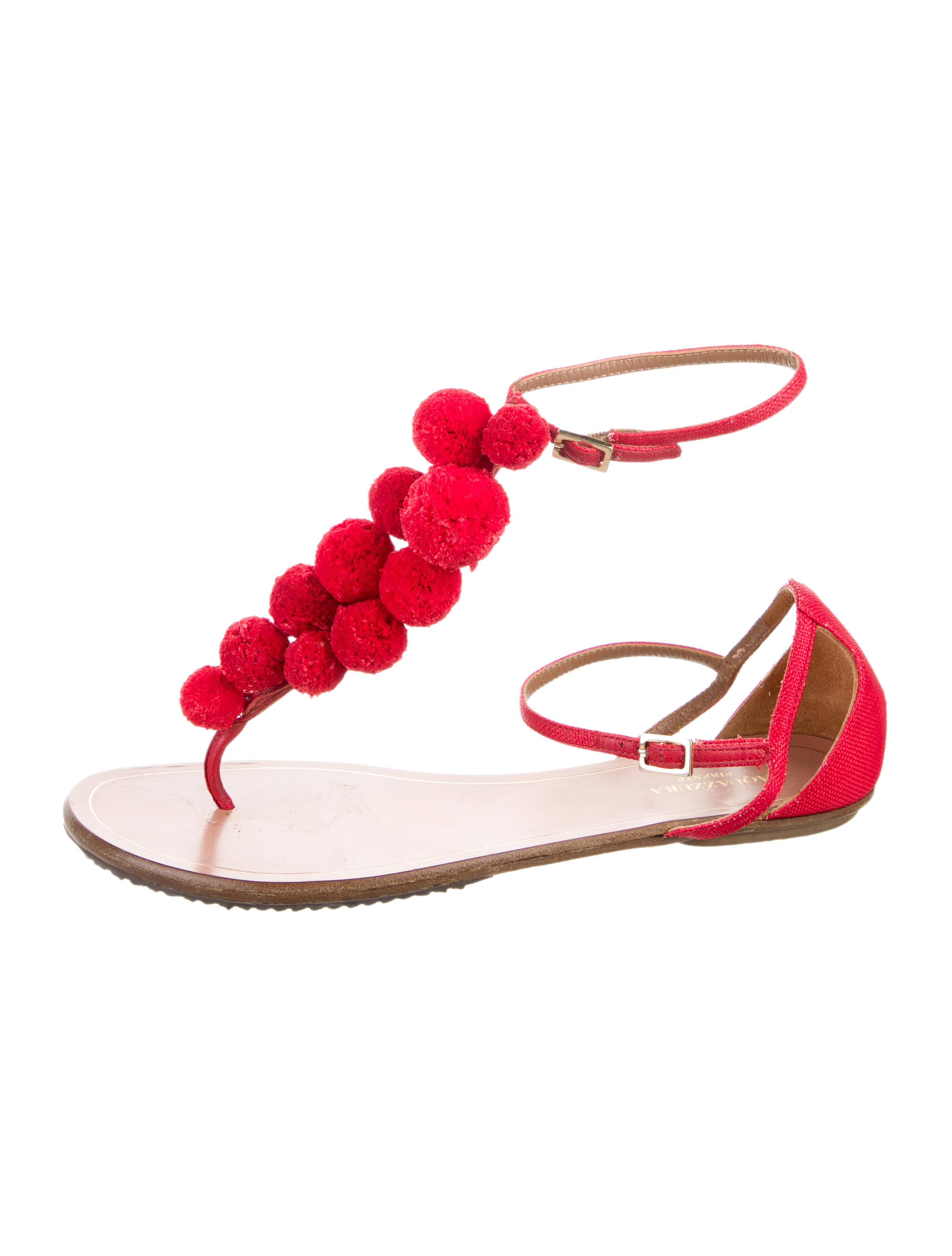Aquazzura Leather Pom-Pom Embellishments T-Strap Sandals