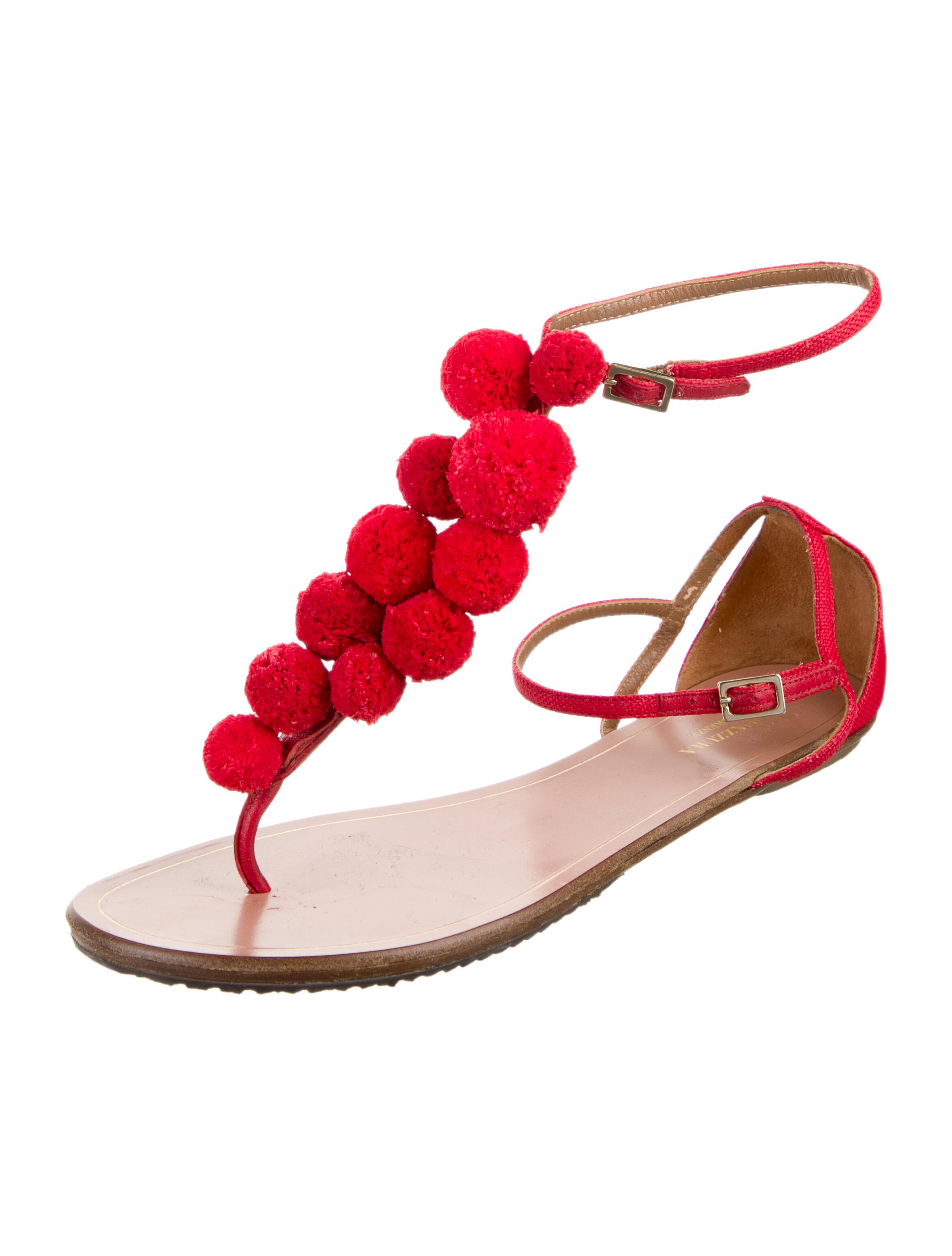 Aquazzura Leather Pom-Pom Embellishments T-Strap Sandals