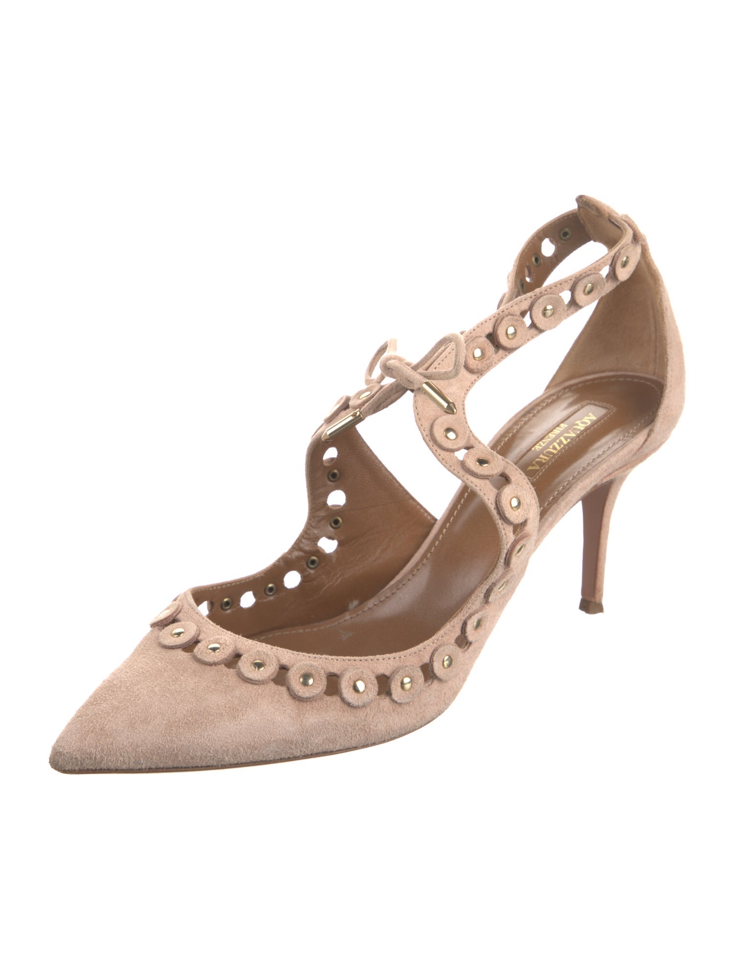 Aquazzura Suede Studded Accents T-Strap Pumps