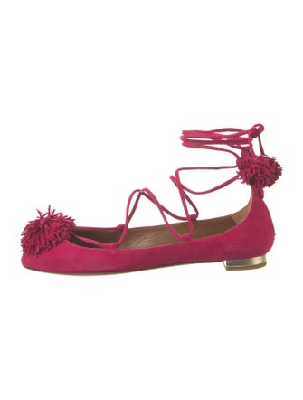 Aquazzura Suede Pom-Pom Embellishments Flats