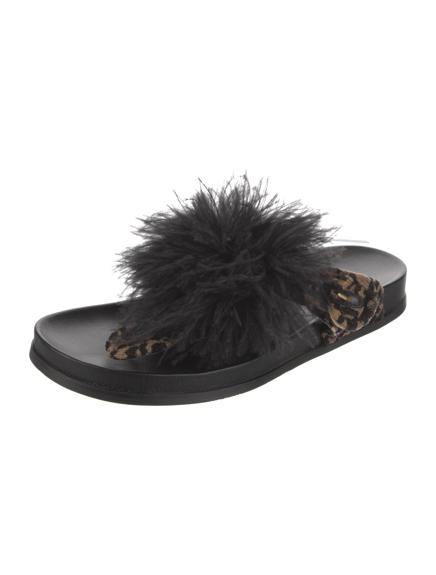 Aquazzura Animal Print Feather Trim Slides
