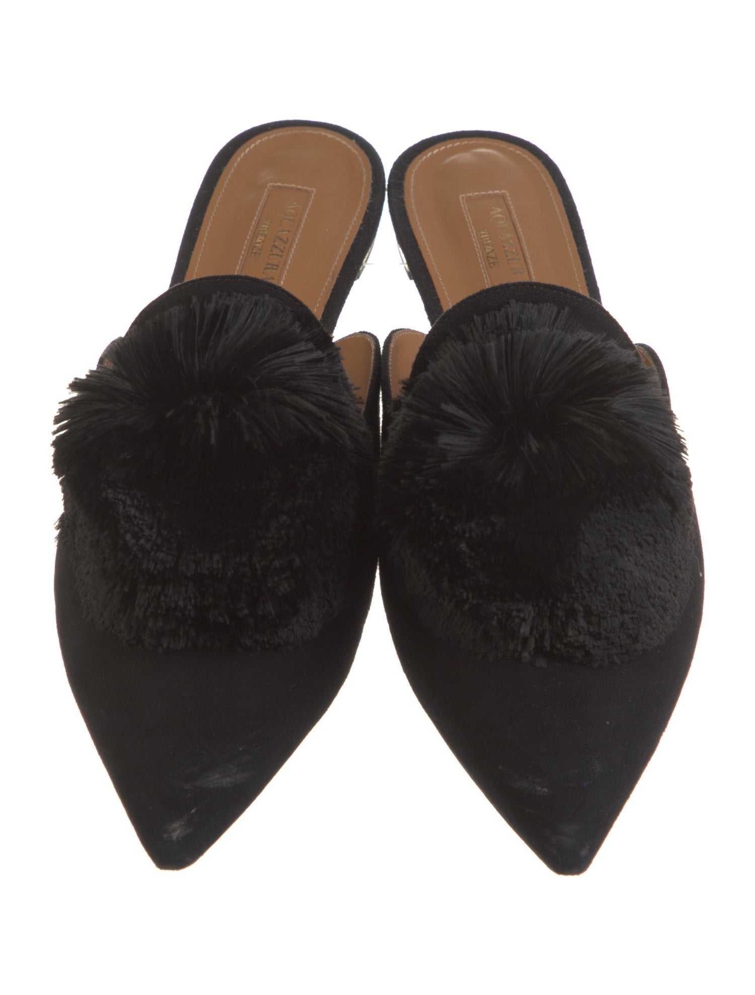 Aquazzura Suede Pom-Pom Embellishments Mules