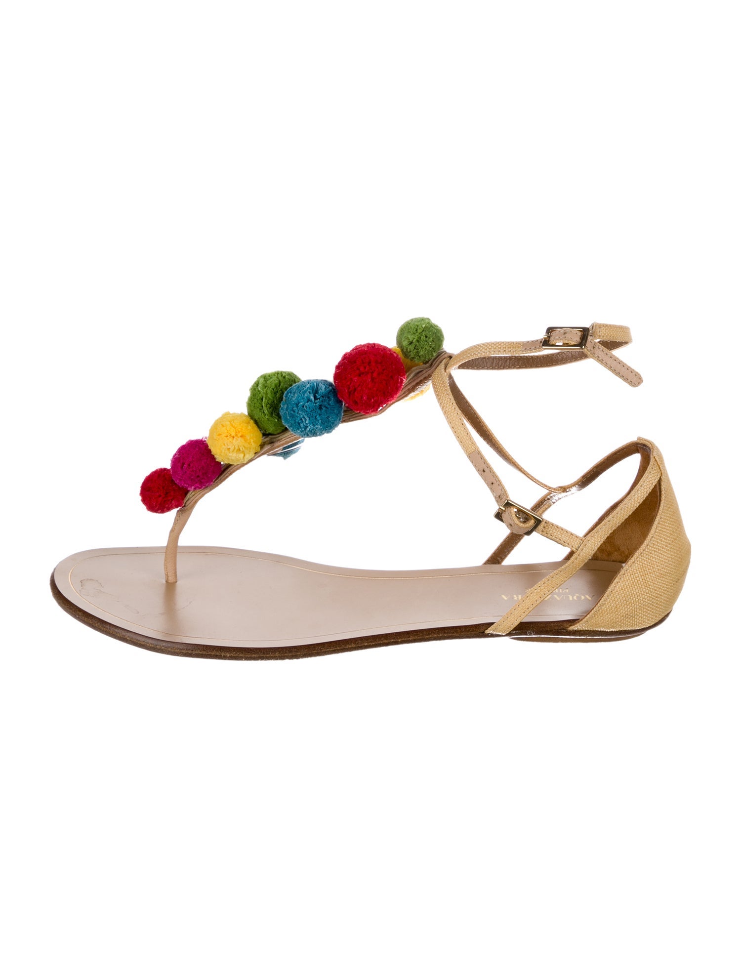 Aquazzura Raffia Pom-Pom Embellishments T-Strap Sandals