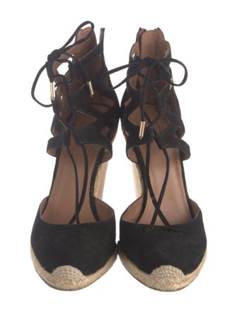 Aquazzura Suede Colorblock Pattern T-Strap Pumps
