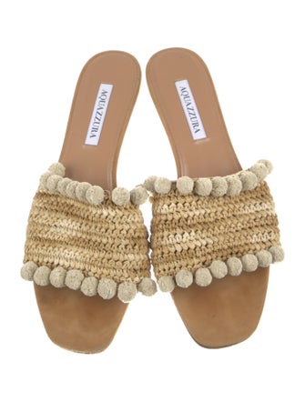 Aquazzura Straw Pom-Pom Embellishments Slides