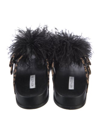 Aquazzura Animal Print Feather Trim Slides