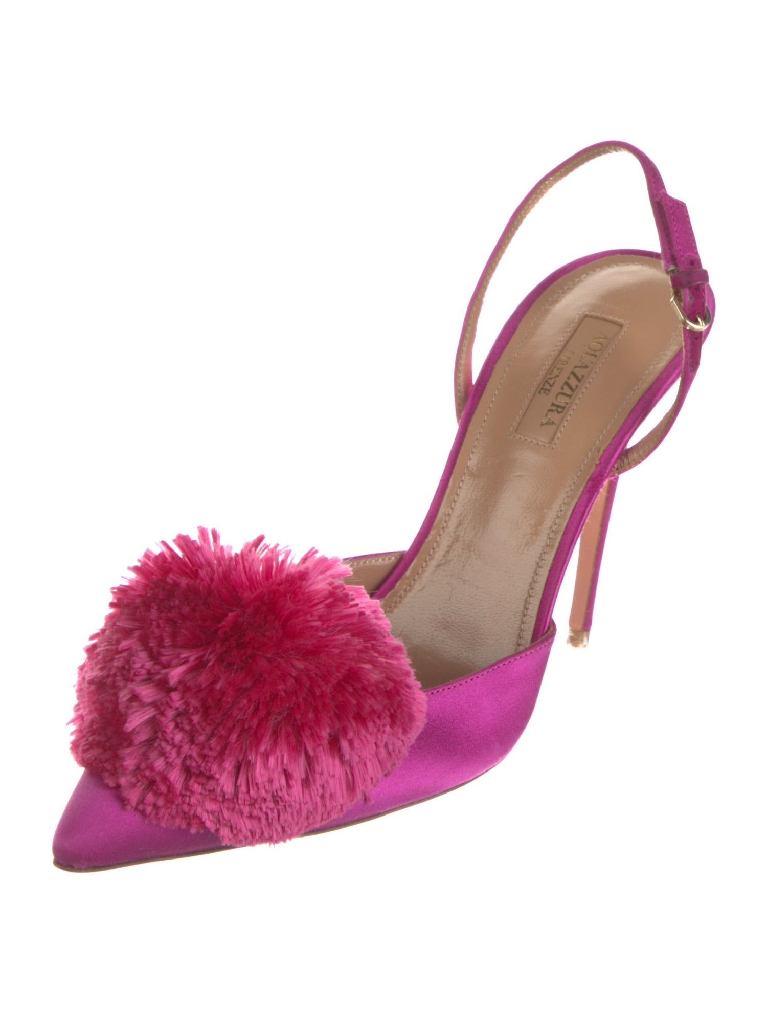 Aquazzura Satin Pom-Pom Embellishments Slingback Pumps