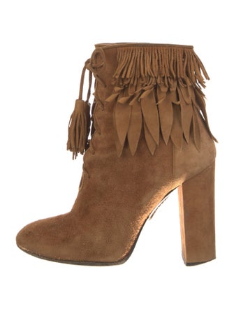 Aquazzura Suede Fringe Trim Accent Lace-Up Boots
