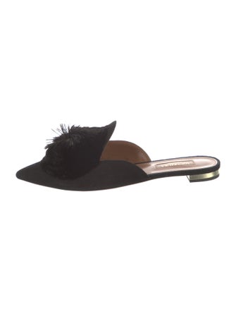 Aquazzura Suede Pom-Pom Embellishments Mules