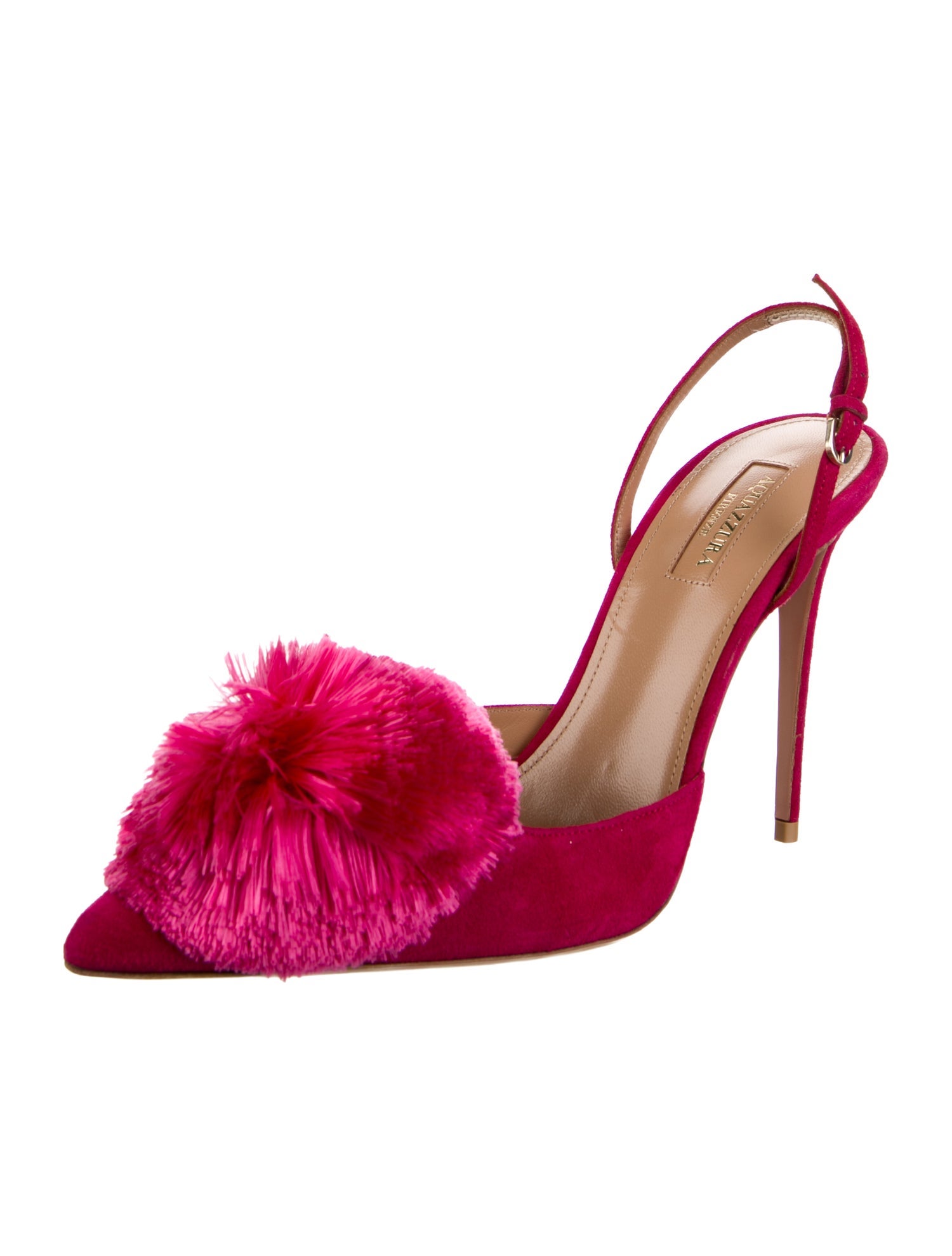 Aquazzura Suede Pom-Pom Embellishments Slingback Pumps