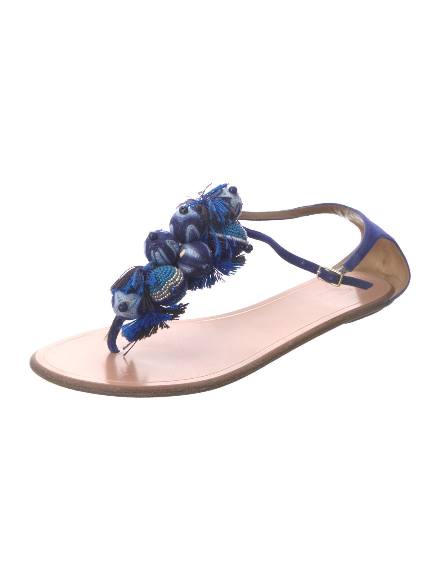 Aquazzura Suede Pom-Pom Embellishments T-Strap Sandals