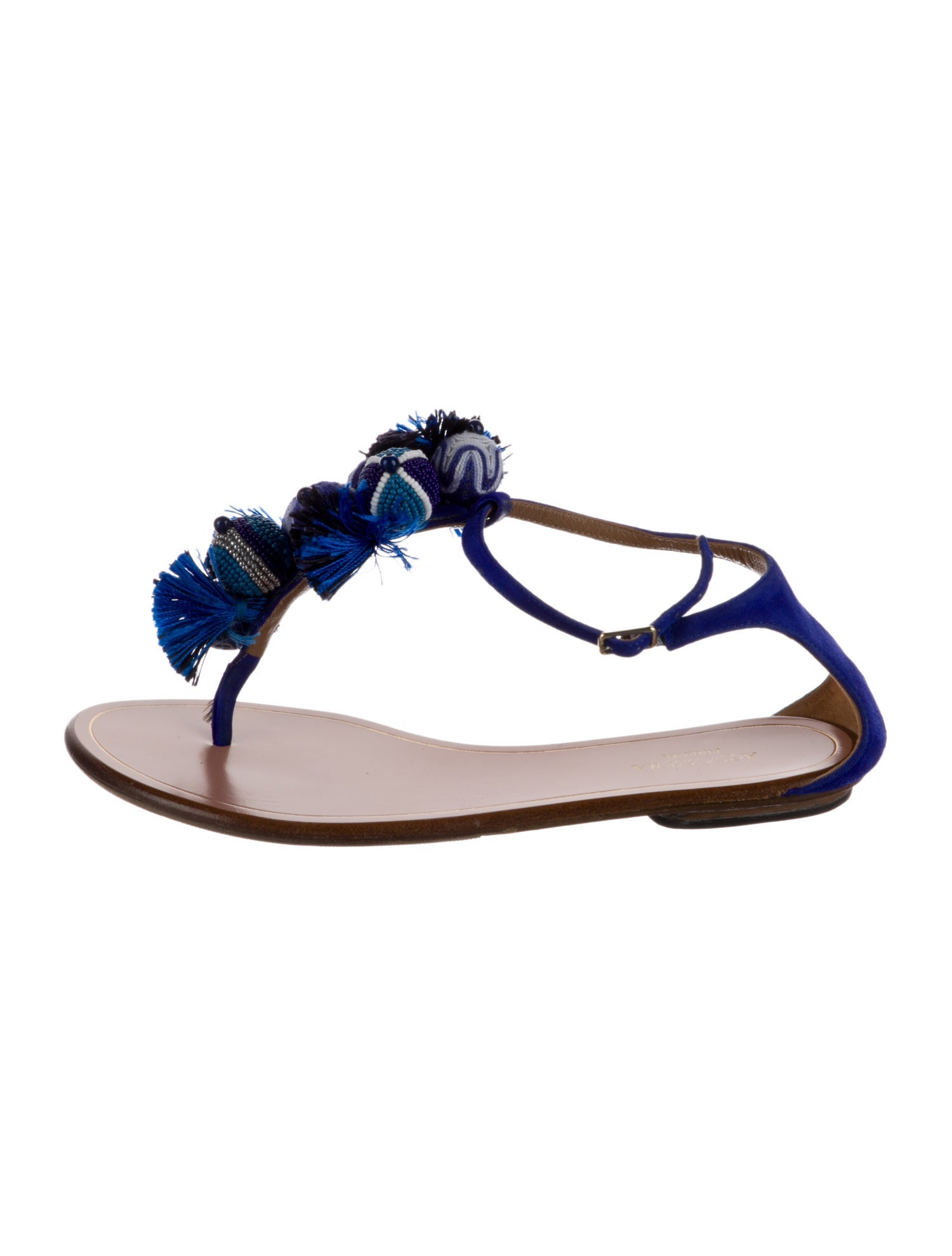 Aquazzura Suede Pom-Pom Embellishments T-Strap Sandals