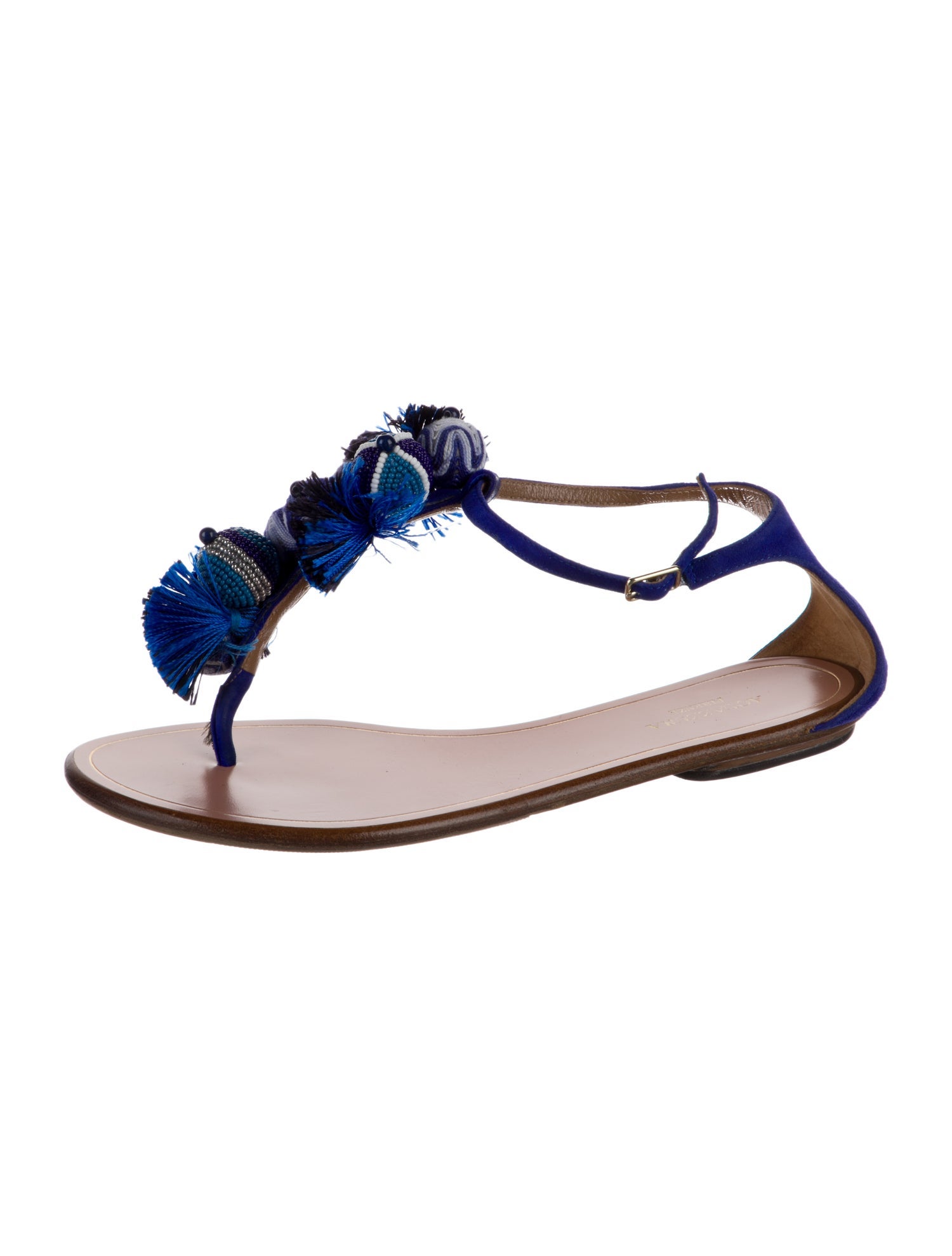 Aquazzura Suede Pom-Pom Embellishments T-Strap Sandals