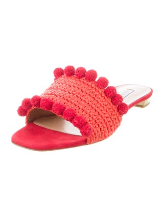 Aquazzura Raffia Pom-Pom Embellishments Slides