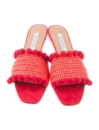 Aquazzura Raffia Pom-Pom Embellishments Slides