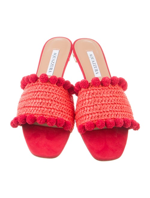 Aquazzura Raffia Pom-Pom Embellishments Slides