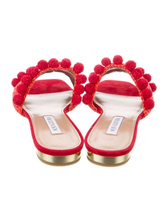 Aquazzura Raffia Pom-Pom Embellishments Slides