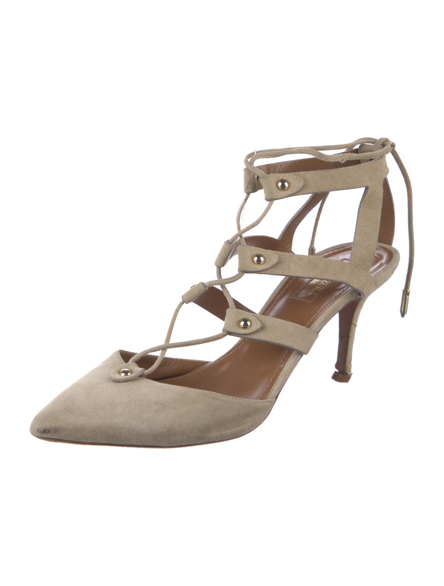 Aquazzura Suede Studded Accents T-Strap Pumps