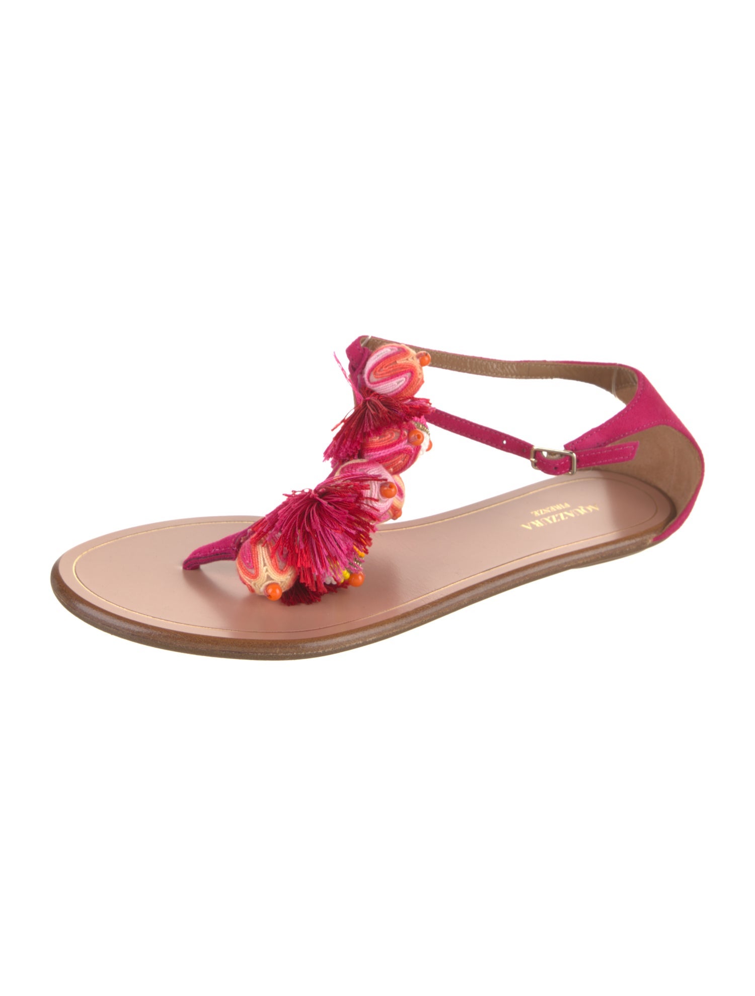Aquazzura Suede Pom-Pom Embellishments T-Strap Sandals