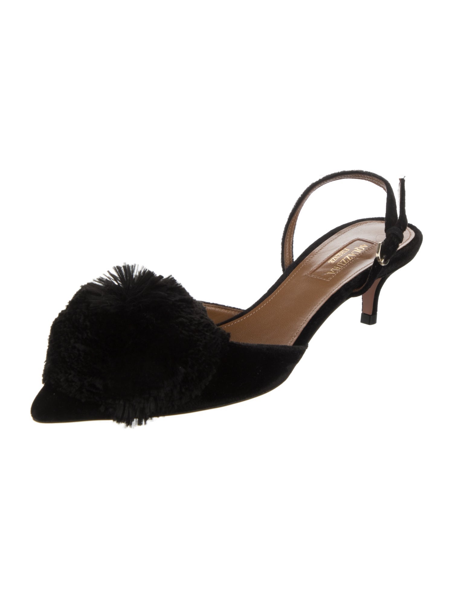 Aquazzura Velvet Pom-Pom Embellishments Slingback Pumps