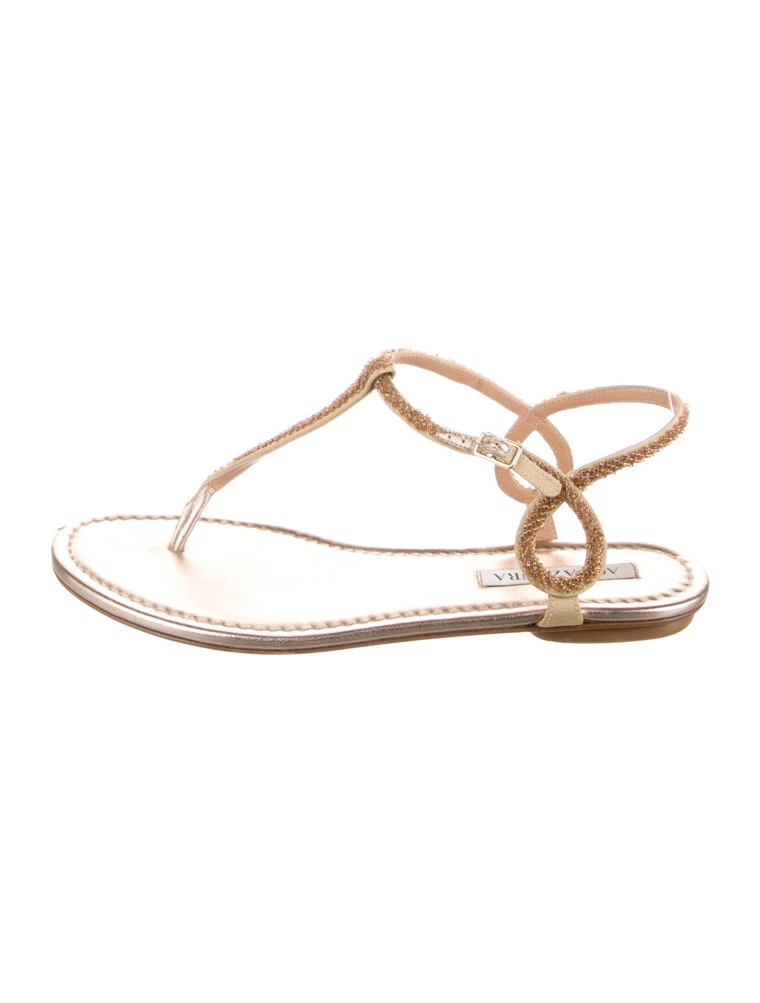 Aquazzura Leather Beaded Accents T-Strap Sandals