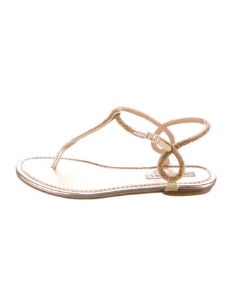 Aquazzura Leather Beaded Accents T-Strap Sandals