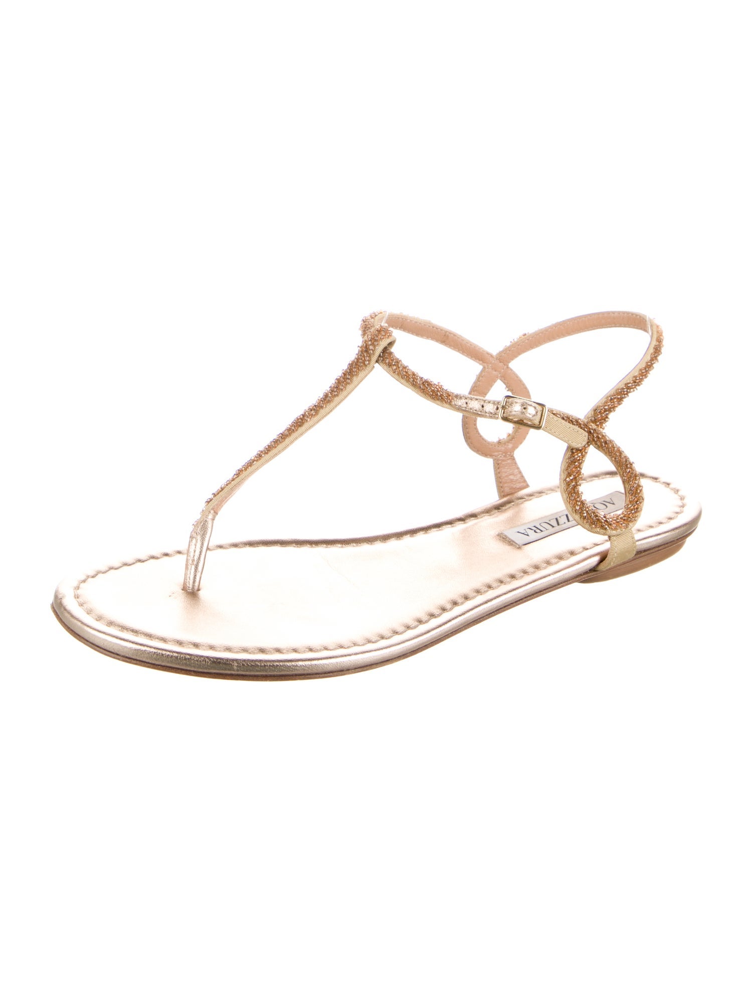 Aquazzura Leather Beaded Accents T-Strap Sandals