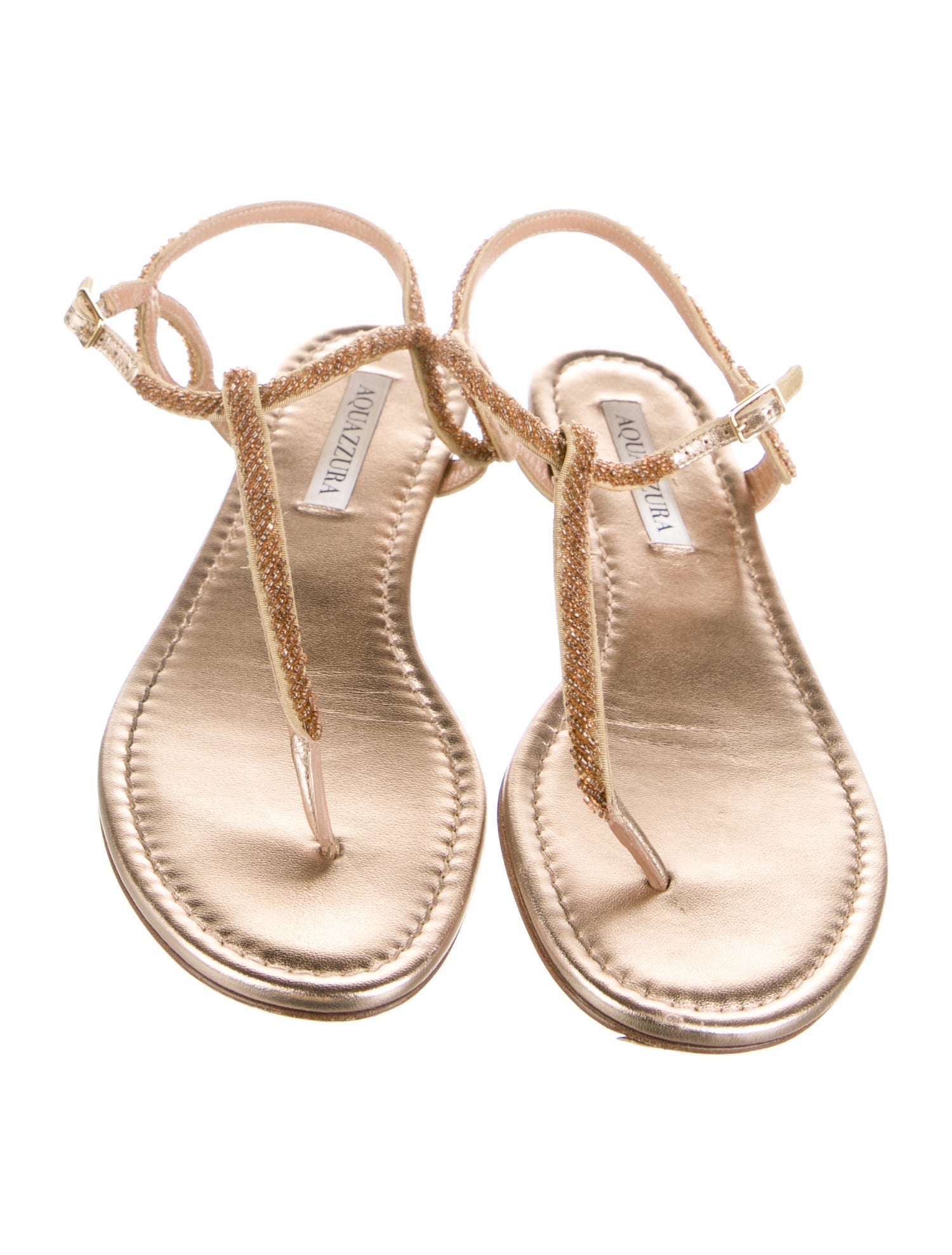 Aquazzura Leather Beaded Accents T-Strap Sandals