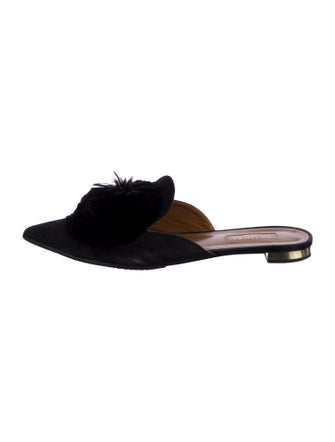 Aquazzura Suede Pom-Pom Embellishments Mules