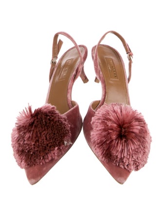 Aquazzura Velvet Pom-Pom Embellishments Slingback Sandals
