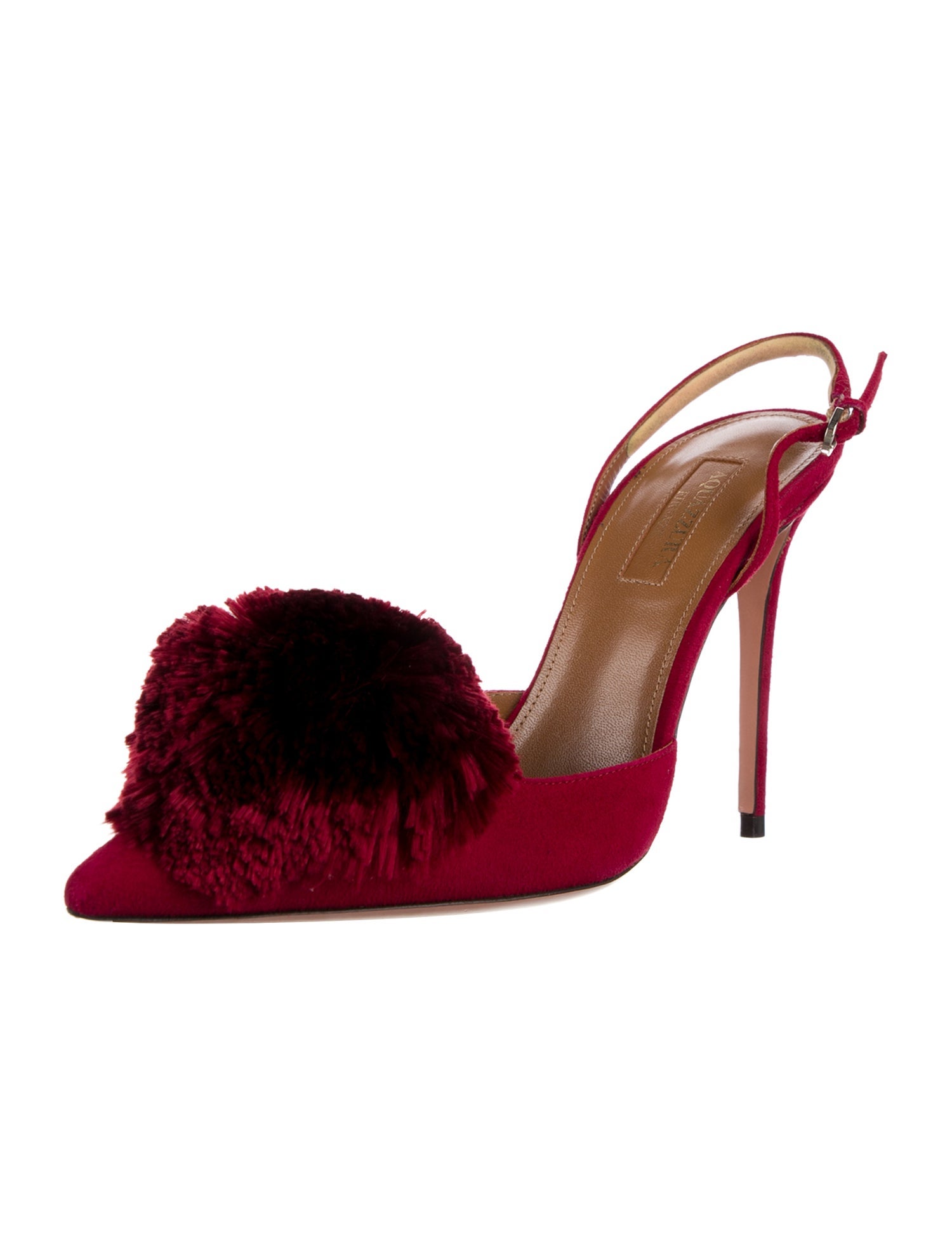 Aquazzura Suede Pom-Pom Embellishments Slingback Pumps