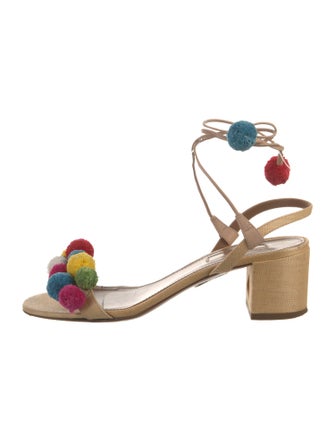 Aquazzura Raffia Pom-Pom Embellishments Sandals