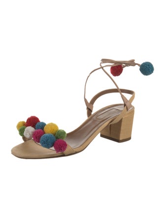 Aquazzura Raffia Pom-Pom Embellishments Sandals