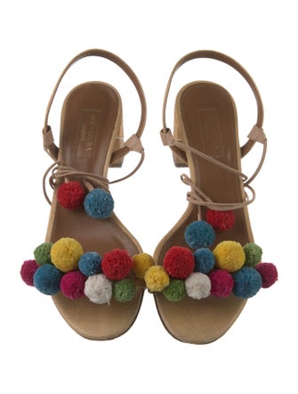 Aquazzura Raffia Pom-Pom Embellishments Sandals