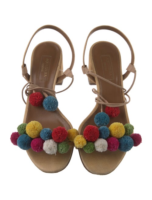 Aquazzura Raffia Pom-Pom Embellishments Sandals