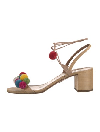 Aquazzura Raffia Pom-Pom Embellishments Sandals