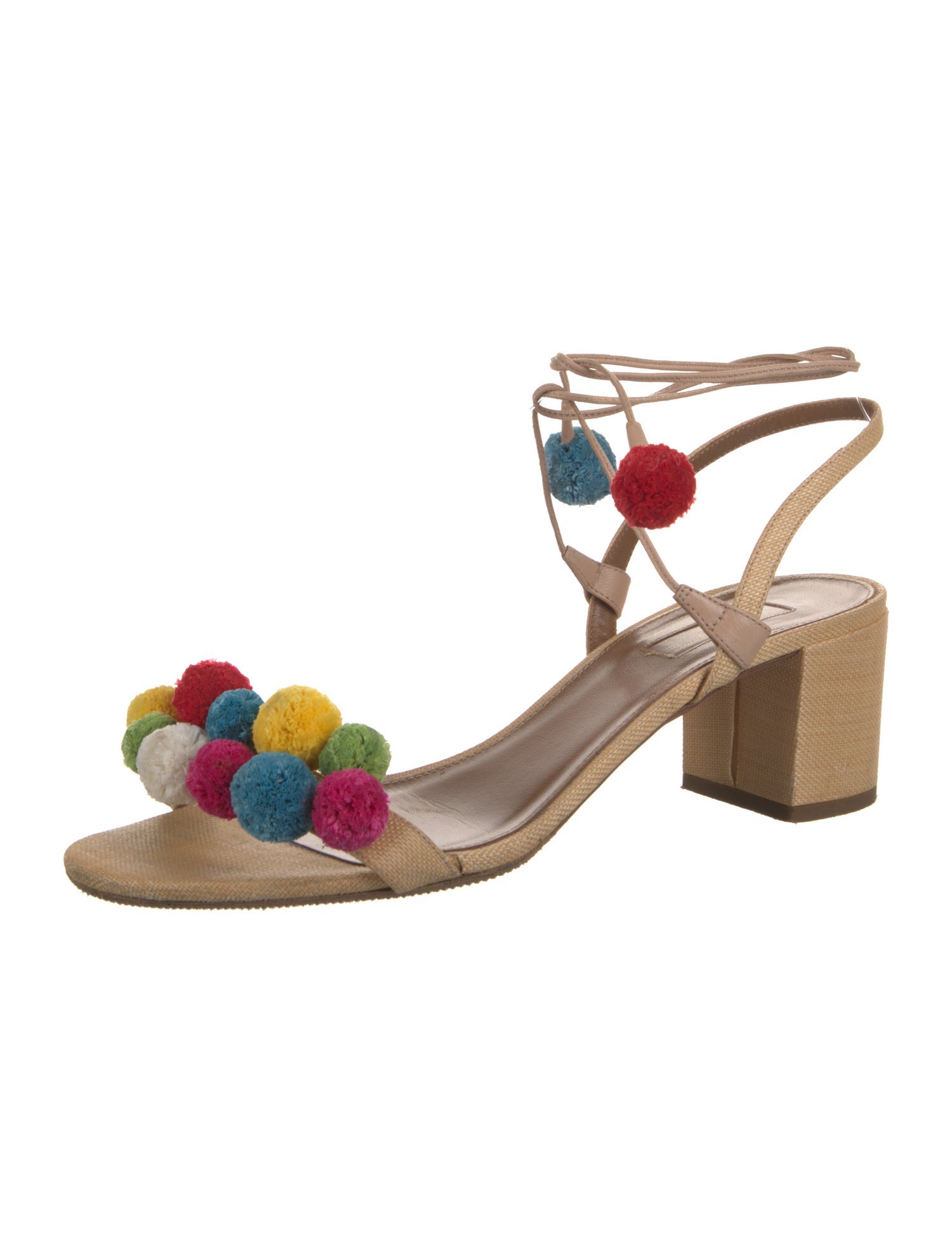 Aquazzura Raffia Pom-Pom Embellishments Sandals