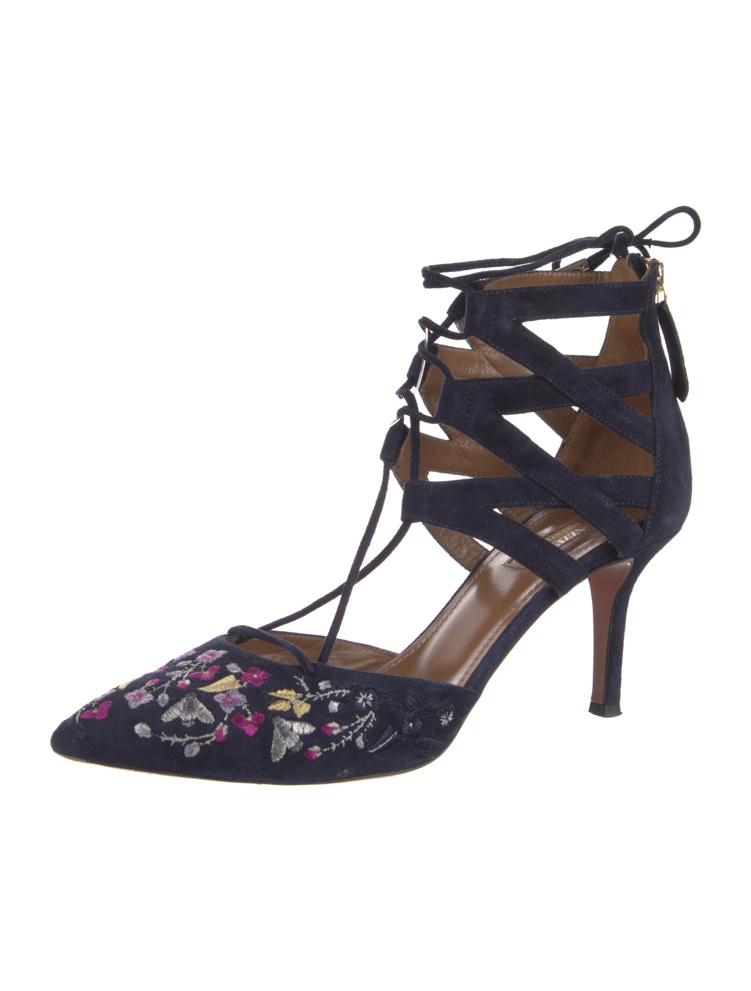Aquazzura Suede Floral Print T-Strap Pumps