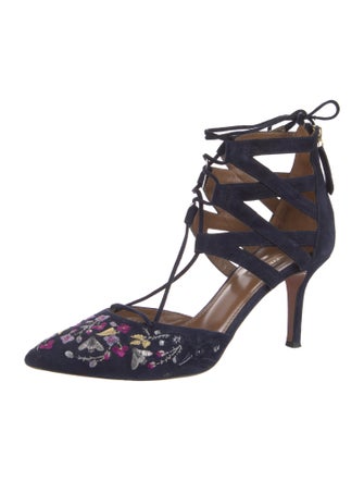 Aquazzura Suede Floral Print T-Strap Pumps