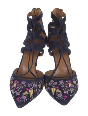 Aquazzura Suede Floral Print T-Strap Pumps