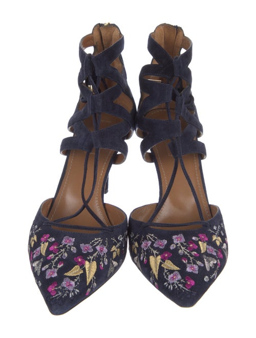 Aquazzura Suede Floral Print T-Strap Pumps