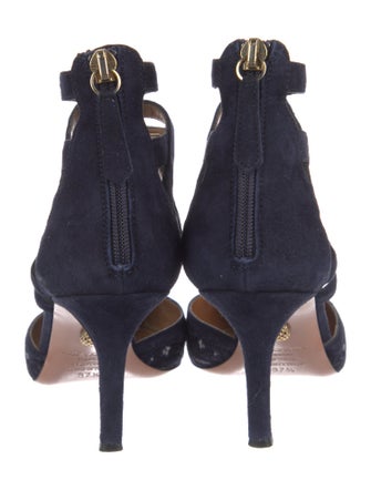 Aquazzura Suede Floral Print T-Strap Pumps