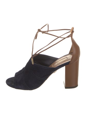 Aquazzura Suede Colorblock Pattern T-Strap Pumps